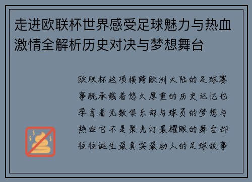 走进欧联杯世界感受足球魅力与热血激情全解析历史对决与梦想舞台